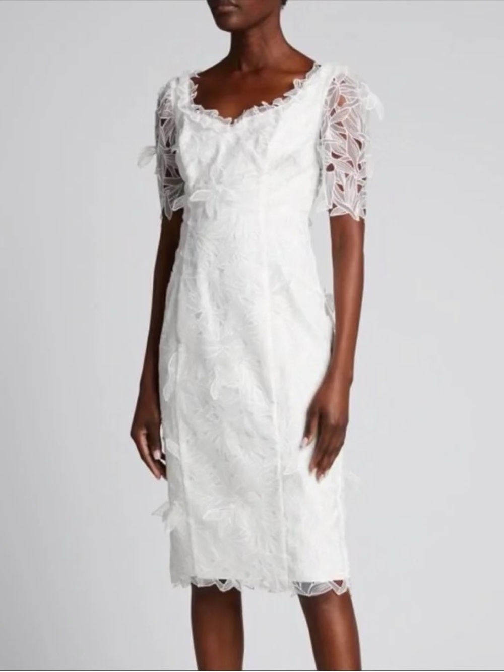 Marchesa Notte White Lace Midi Dress with Leaf Appliqué